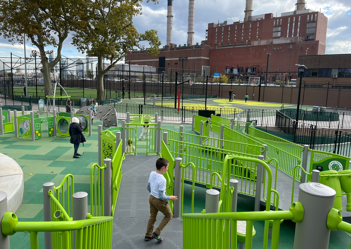 The improved Murphy Brothers Playground includes a new protective floodwall integrated into the fence line of the park.