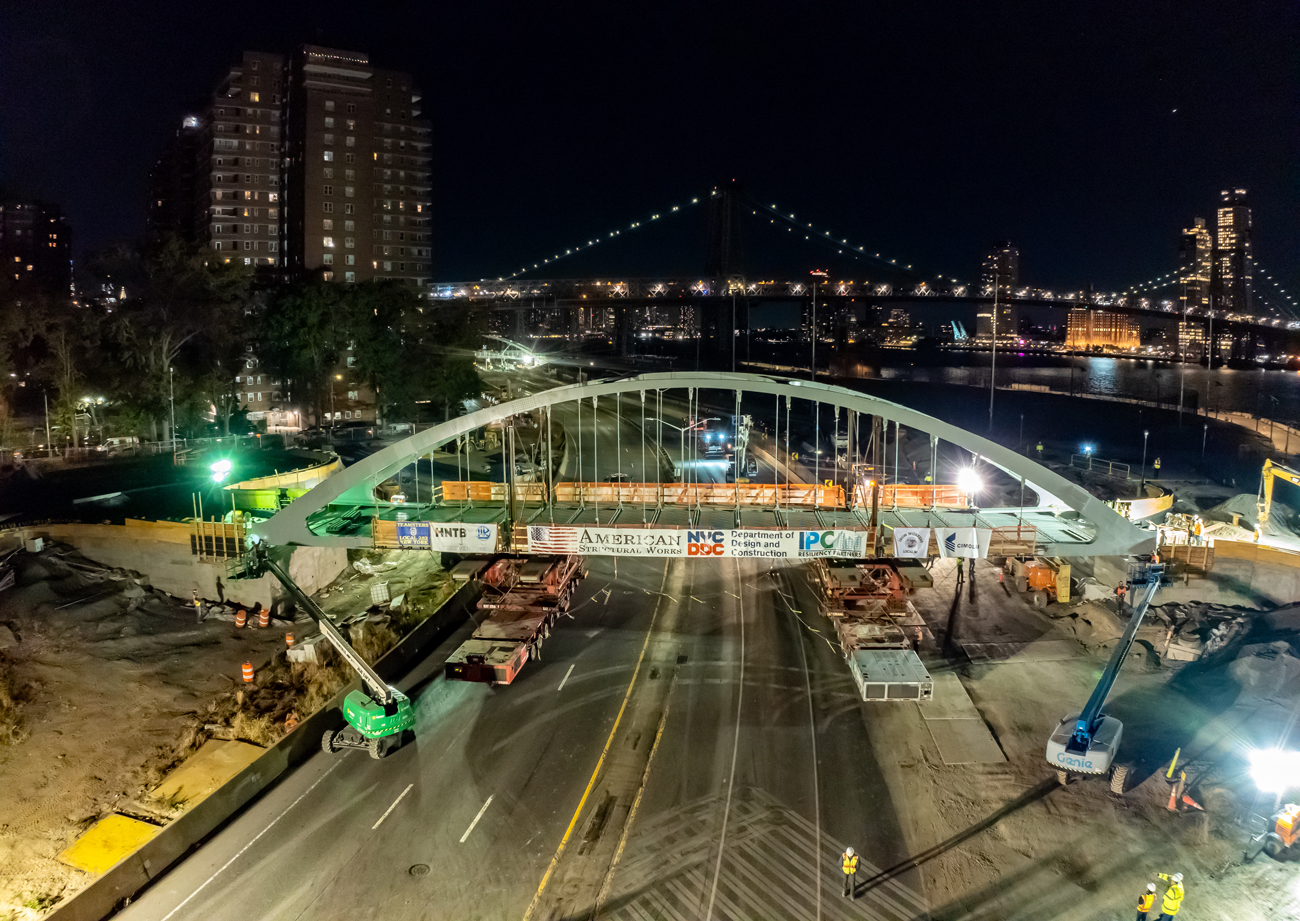 Built using ABC techniques, the Corlears Hook bridge connects two parks over the interstate while providing direct access to the Corlears Hook Ferry Terminal, an amphitheater, ballfields and a future compost facility.